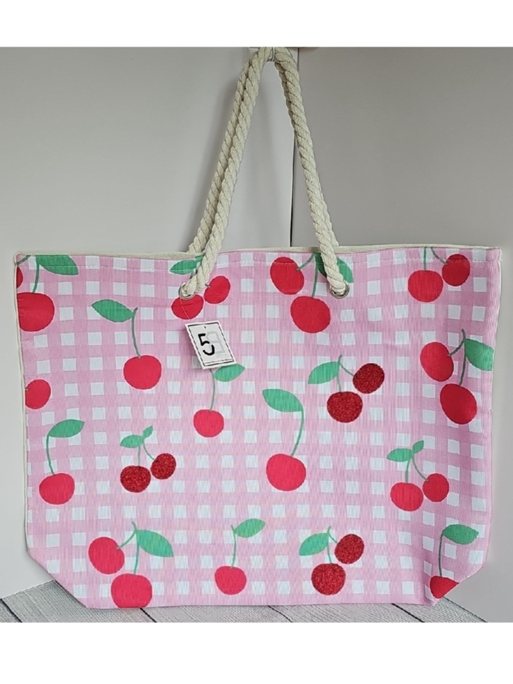 Pink Cherry Print Tote Bag with Rope Handles